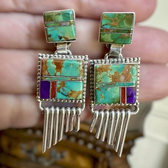 Native American Artisan LP Jewelry - Native American Artisan LP Dangle Earrings 1.9 Inch Turquoise 925 Sterling 14.8g